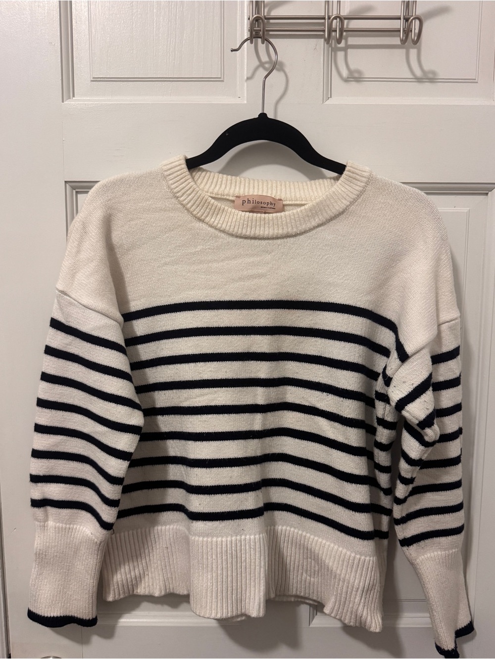 Philosophy Navy and Ivory Striped Crewneck Sweater